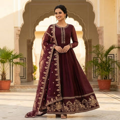 Maroon Chiffon Maxi with Shahi Embroidery 3 Piece