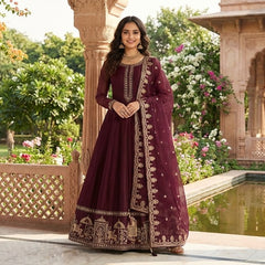 Maroon Chiffon Maxi with Shahi Embroidery 3 Piece