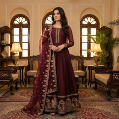 Maroon Chiffon Maxi with Shahi Embroidery 3 Piece