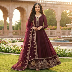 Maroon Chiffon Maxi with Shahi Embroidery 3 Piece